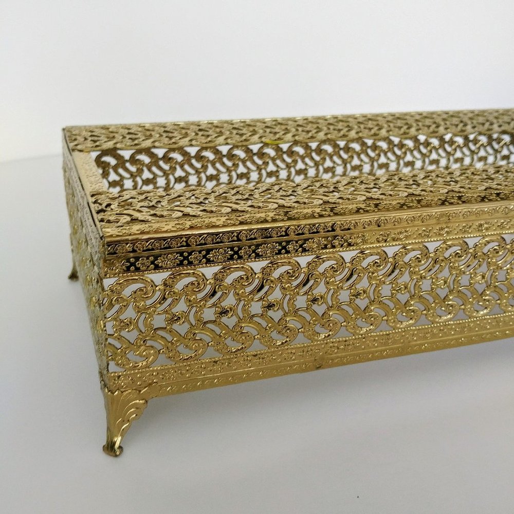 Vintage Brass Tone Filagree Tissue Box Holder | Hollywood Regency Footed Design - Picture 2 of 7